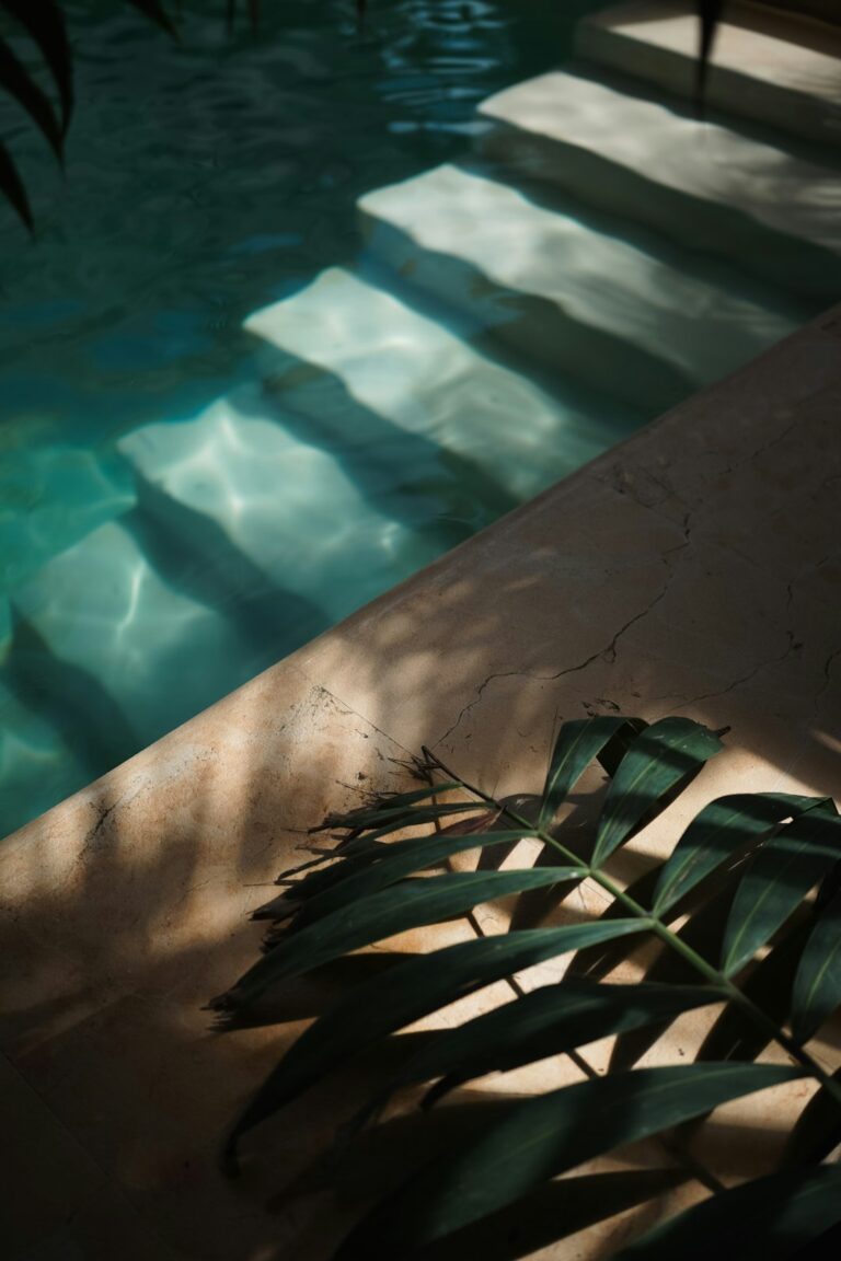A landscaped backyard pool surrounded by evergreen shrubs, low grasses, and a safe, non-slip stone path.